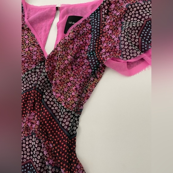 Le Superbe Floral Chiffon Raw Hem Pink Overlay Midi Dress Flutter Sleeve 4 - Picture 10 of 11